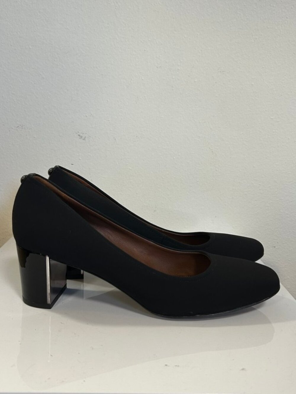 Donald J. Pliner Mid Block Heel "Corin" Leather Black Stretch Crepe Sz 9.5M EUC